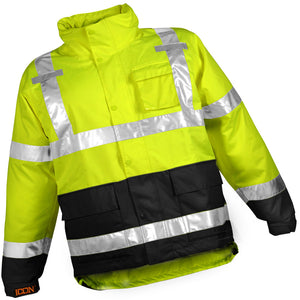 Icon™ Jacket -Fluorescent Yellow-Green-Black - Attached Hood - Silver Reflective Tape