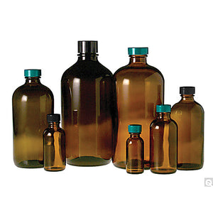 Amber Boston Round Bottles with Black Phenolic Pulp/Vinyl Caps