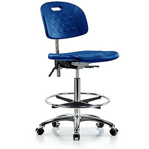 Class 10 Newport Industrial Polyurethane Clean Room Chair - High Bench Height with Chrome Foot Ring & Casters in Blue Polyurethane