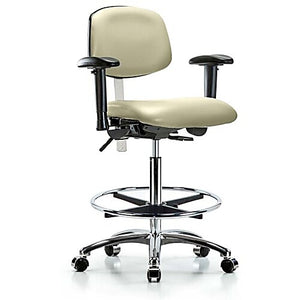 Class 100 Vinyl Clean Room Chair - High Bench Height with Seat Tilt, Adjustable Arms, Chrome Foot Ring & Casters