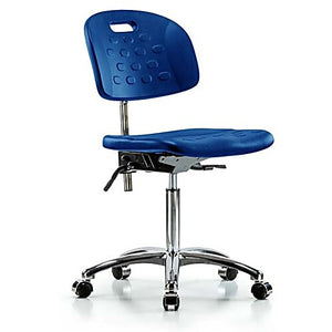 Class 10 Newport Industrial Polyurethane Clean Room Chair - medium Bench Height with Chrome Foot Ring & Casters in Blue Polyurethane